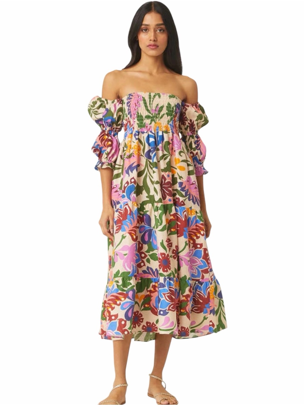 MISA Yolanda Off The Shoulder Smocked 100% Linen Midi Dress Beige Multi